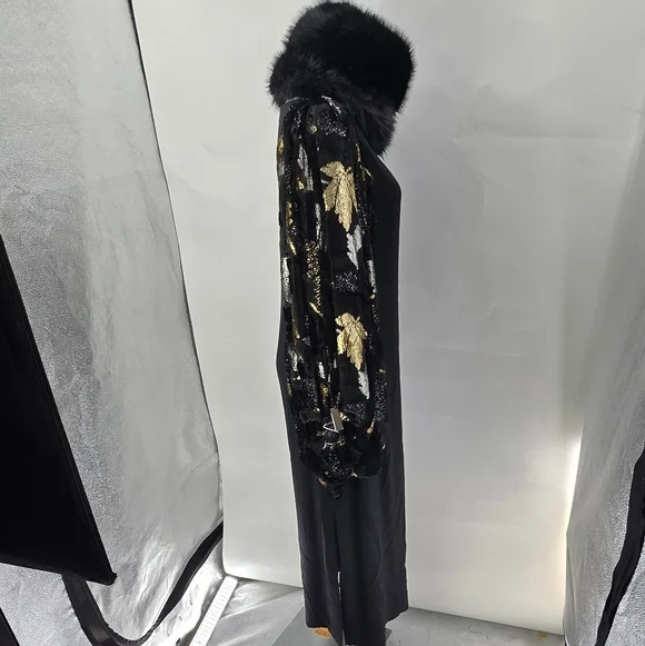 RICHILENE Elegant Black gown With Metallic Gold And Silver Leafs RARE GOWN